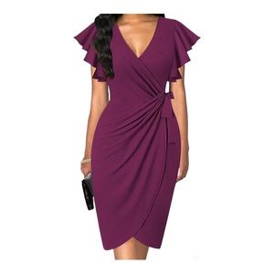 Womens V neck Ruffle Sleeves Purple tone Wrap Dress Size XLarge new